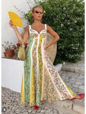 Christian Lacroix Floral Multicolor Linen Blend Sleeveless MIDI Dress